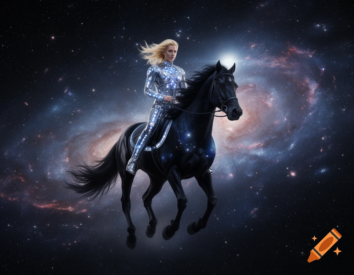 A blonde woman in a glowing suit rides a black horse through a vibrant, starry galaxy in space.