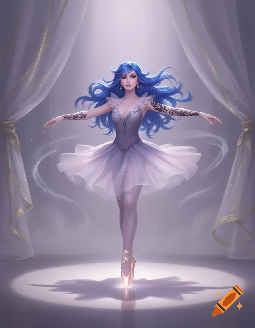 A stylized illustration of a blue-haired ballerina with tattoos, standing en pointe under a spotlight on a stage with curtains.