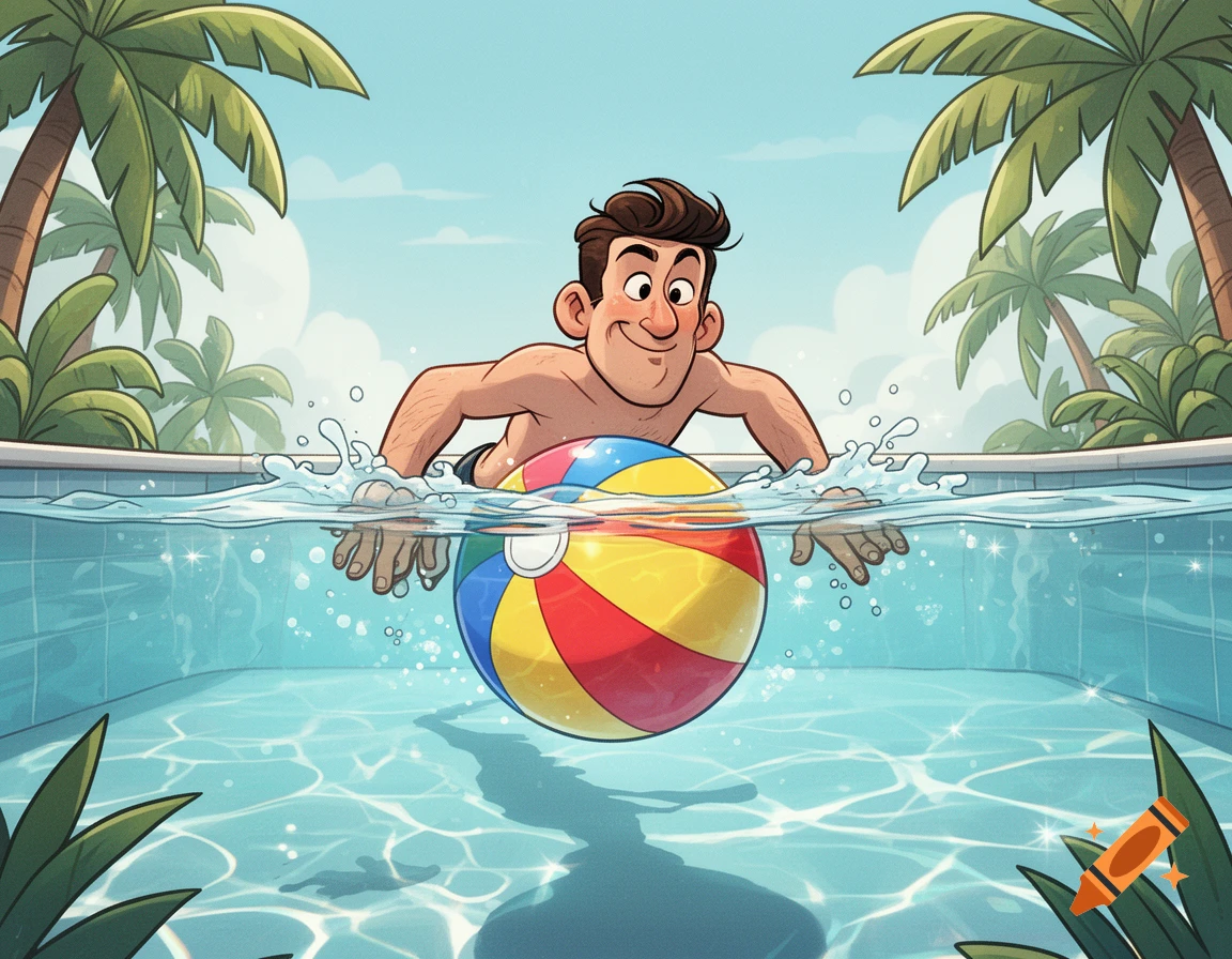 Cartoon man in a pool, pushing a colorful beach ball under the water, with palm trees in the background.
