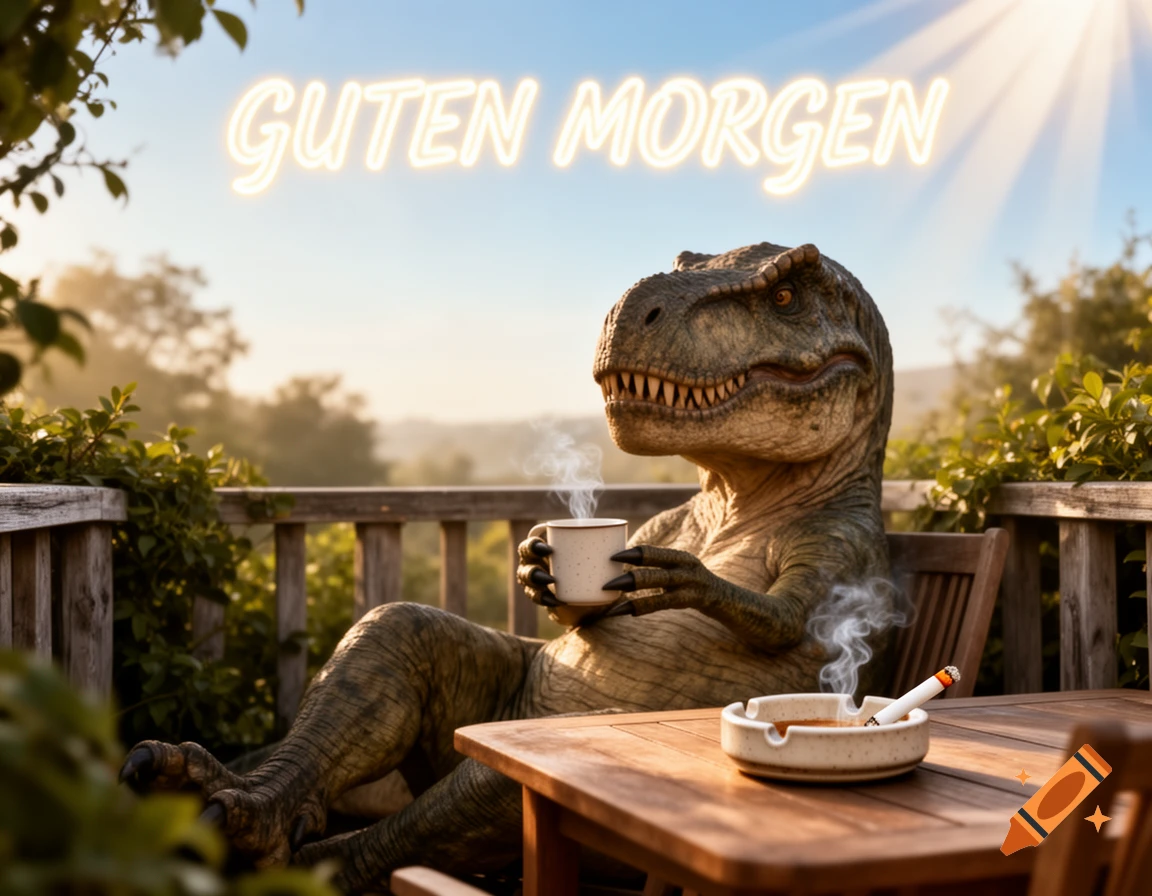 A photorealistic T-Rex relaxes on a sunny terrace, holding a coffee cup, with a cigarette in an ashtray, and 'GUTEN MORGEN' glowing in the sky.