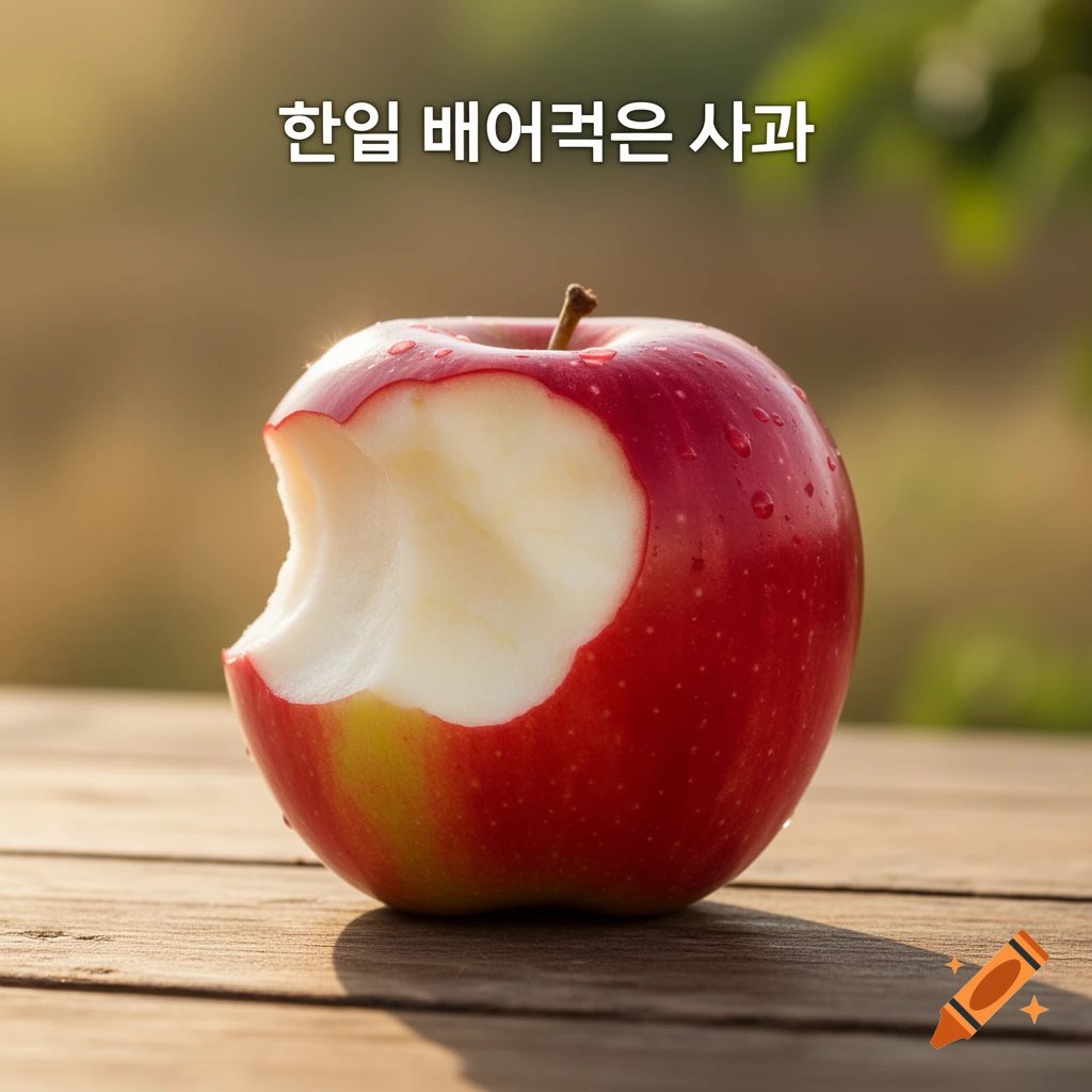 A close-up of a red apple with a bite taken out, resting on a wooden table outdoors in natural light.