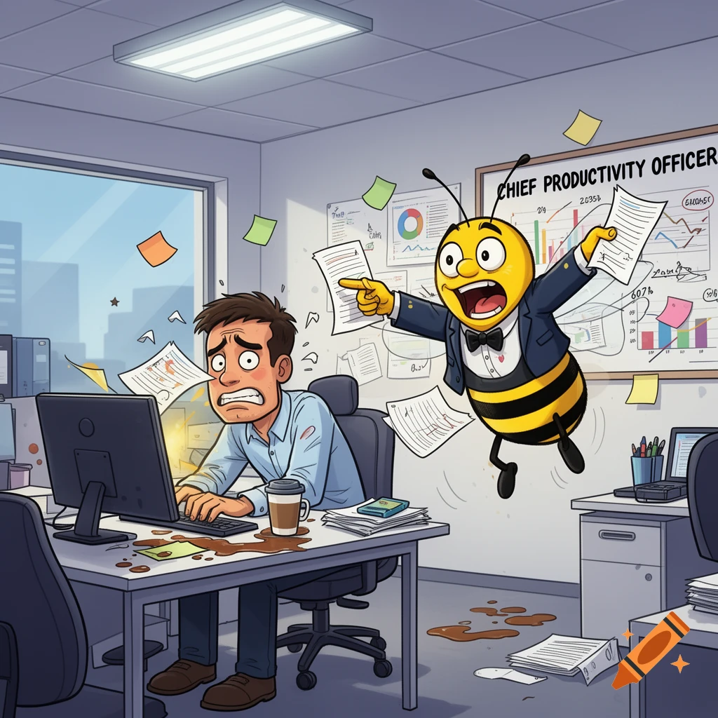 Cartoon of a stressed man at a computer while a flying bee in a suit, labeled 'Chief Productivity Officer', points at papers in a chaotic office.