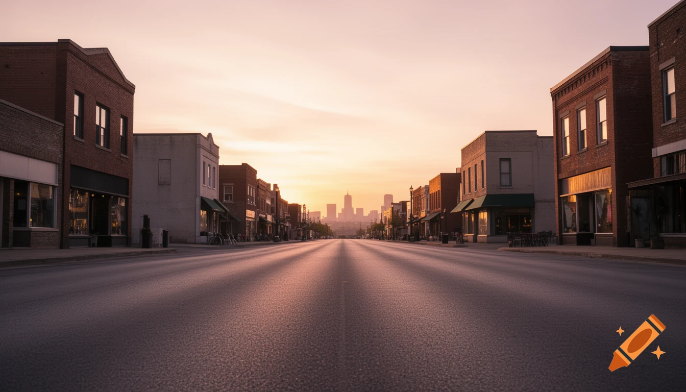 A wide, empty street lined with brick buildings at sunrise, with a city skyline in the distant haze.