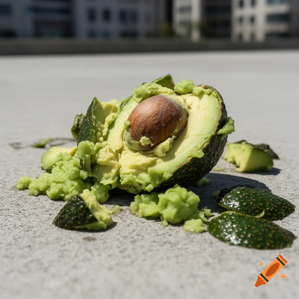 A smashed avocado with its pit visible lies on a light gray surface, with green pulp and skin pieces scattered around. Blurred buildings are in the background.