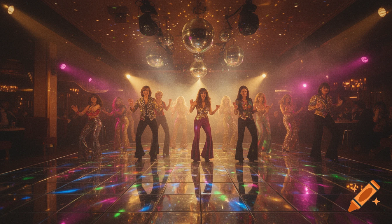Women in vintage disco fashion dance on a mirrored floor in a 1970s nightclub, illuminated by disco balls and colorful lights.