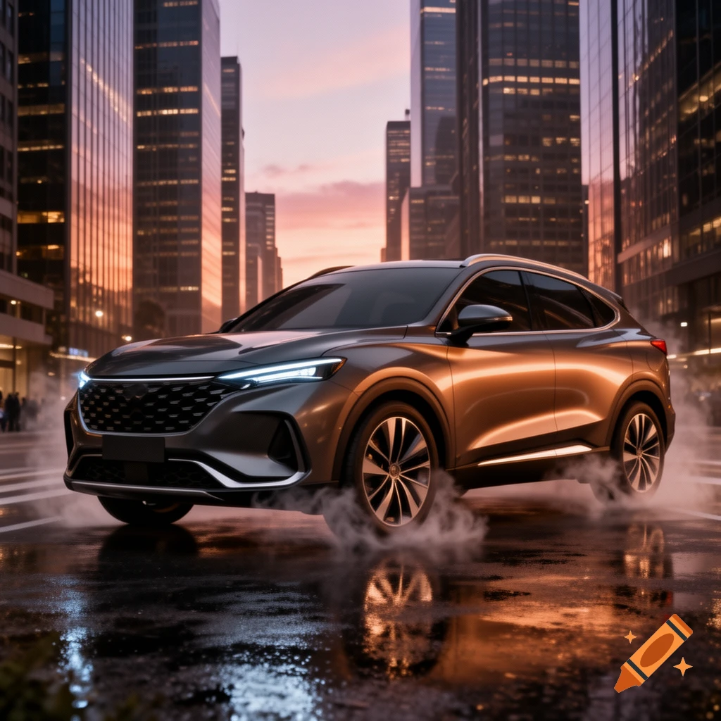 A sleek, dark grey crossover SUV with glowing headlights on a wet city street at sunset, tall buildings in the background.
