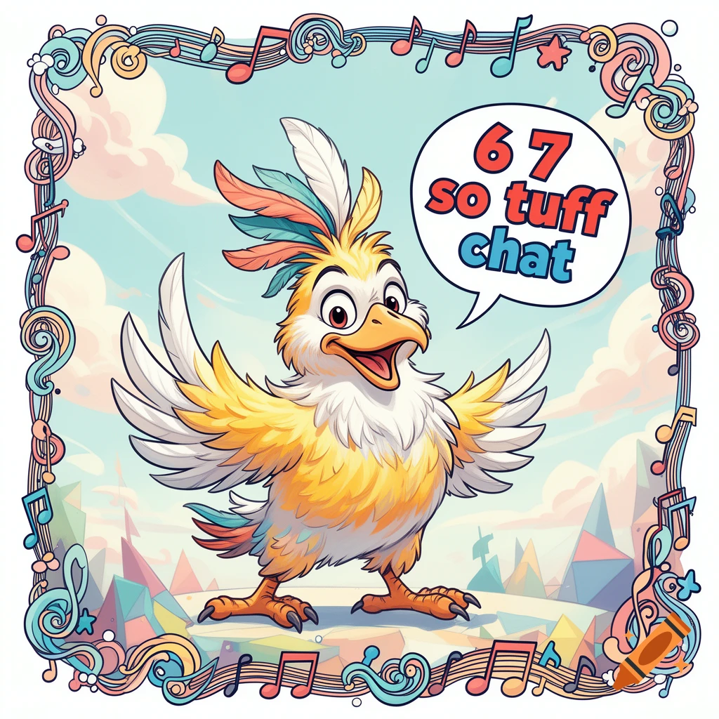 A cartoon yellow bird with colorful feathers, spread wings, and an open beak smiles, saying '6 7 so tuff chat' in a speech bubble, surrounded by a musical border.