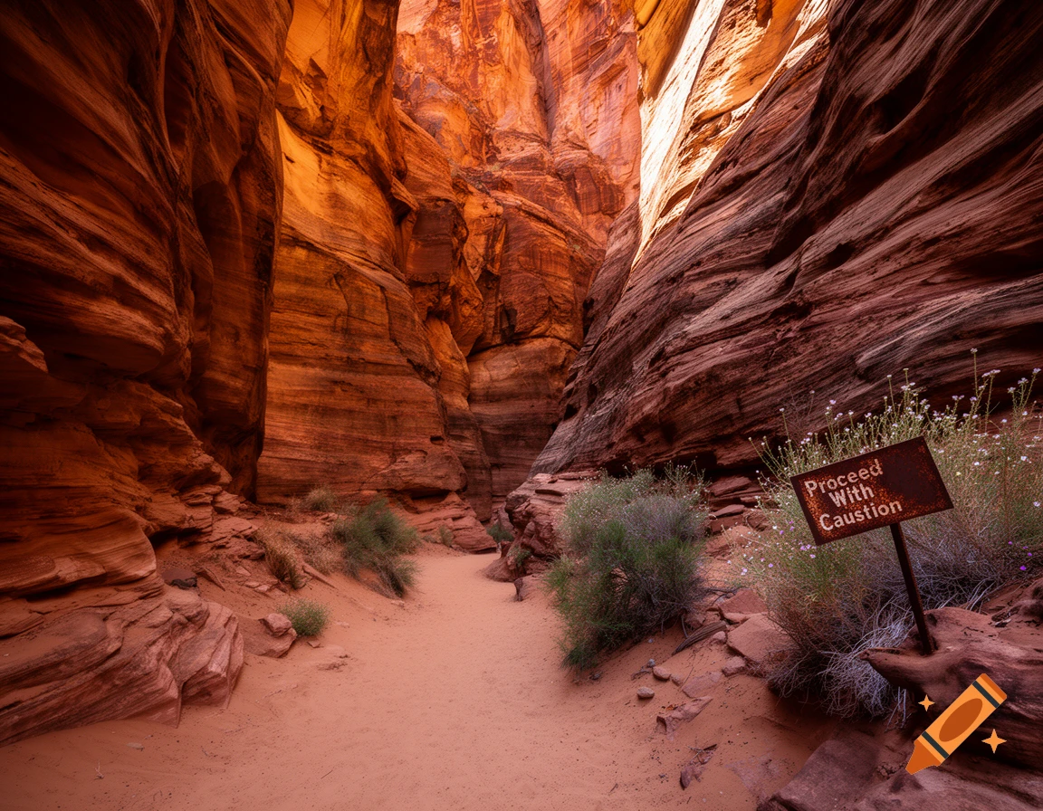 Photorealistic view of a deep red sandstone canyon with a sandy path and a sign reading "PROCEED With CAUTION".