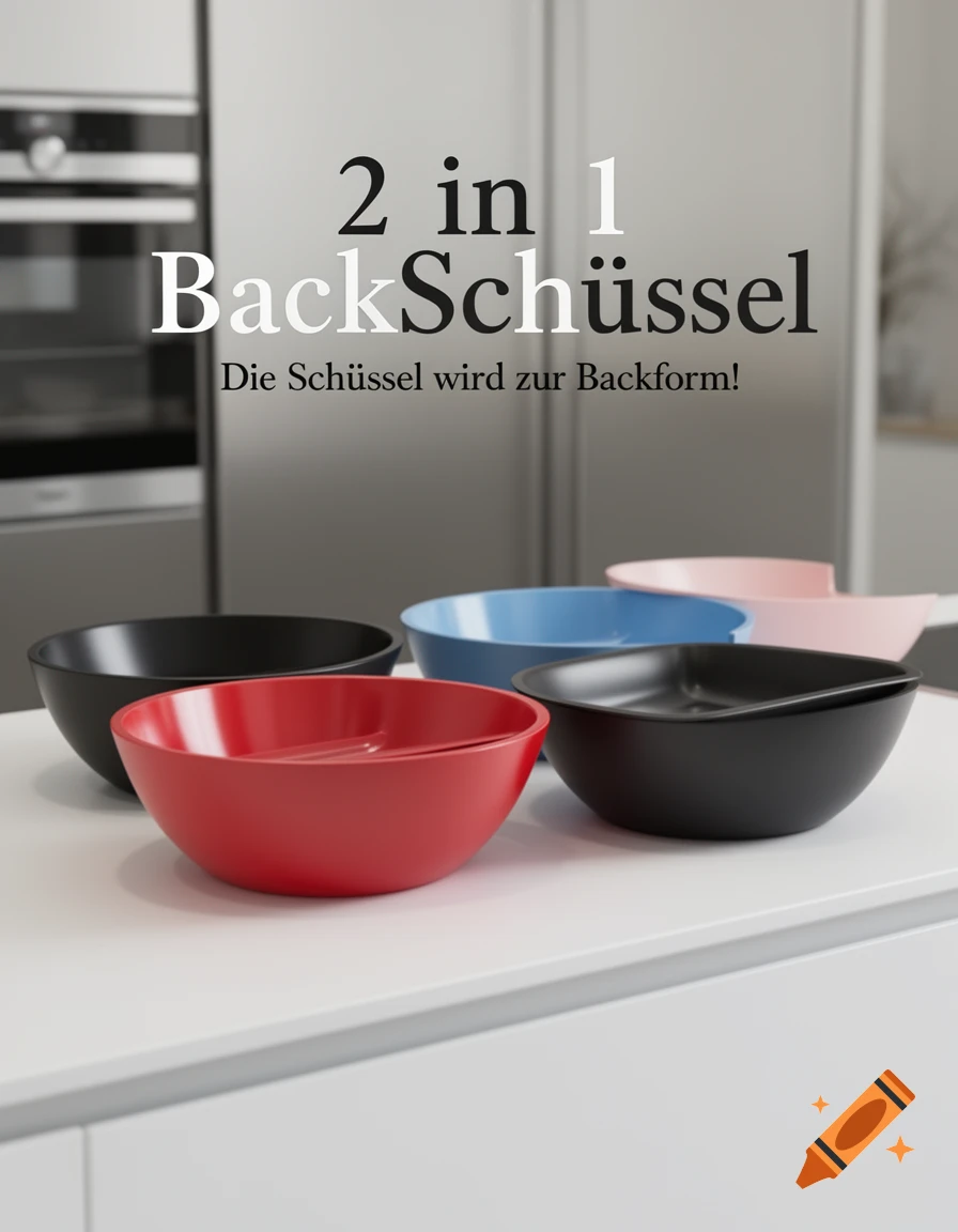 Red, blue, black, and pink 2-in-1 bowls/baking forms on a white kitchen counter. Product advertisement with German text.
