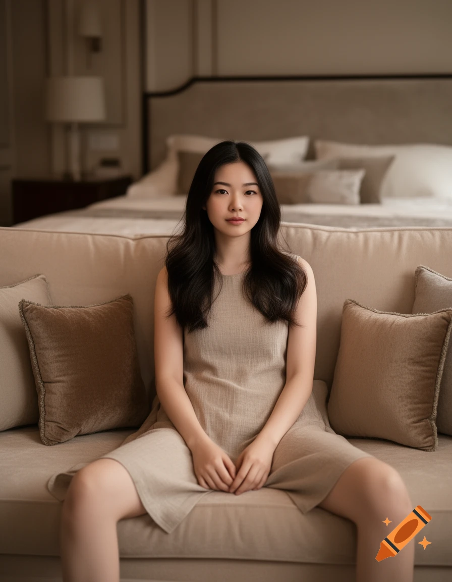 A young Asian woman with dark hair sits on a beige sofa in a soft-lit bedroom.