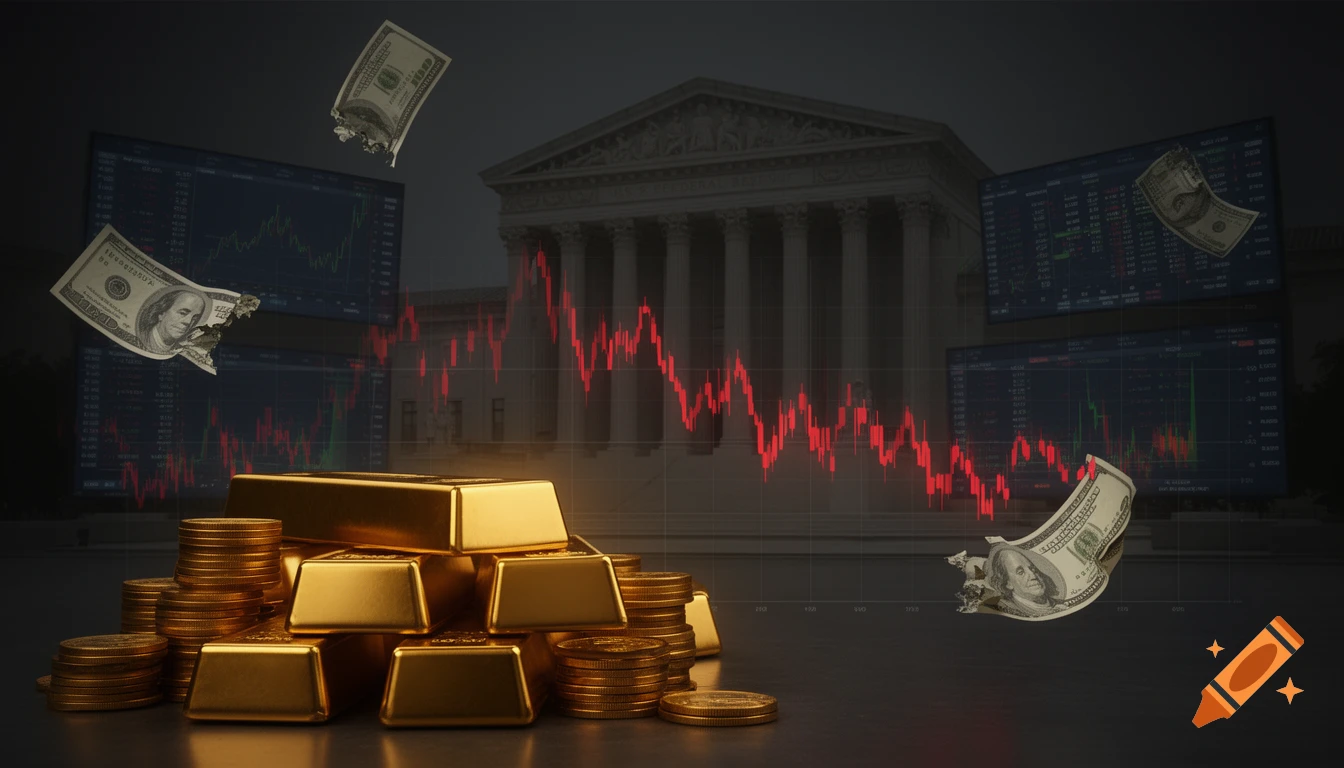 Photorealistic image of stacked gold bars and coins, with a red declining financial chart and crumbling dollar bills floating in front of a dark government building.