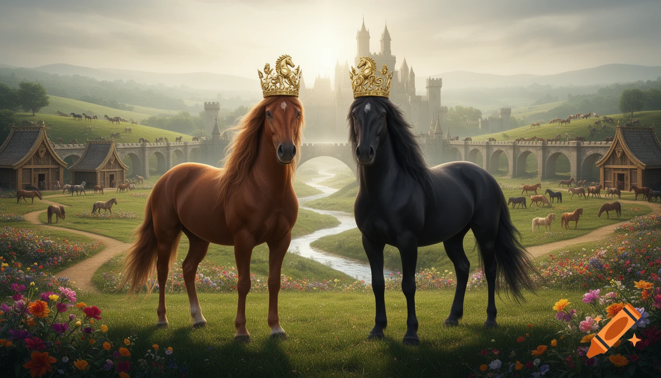 Two crowned horses, brown and black, stand in a flower-filled meadow overlooking a fantasy kingdom with a castle, bridges, and many horses on green hills.