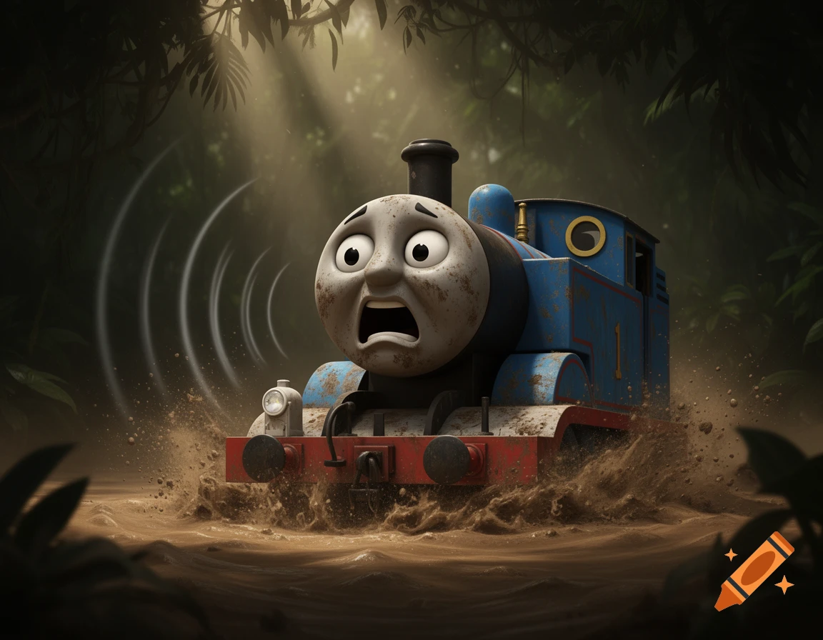 Thomas the Tank Engine with a scared expression, partially submerged in splashing quicksand in a dark jungle.