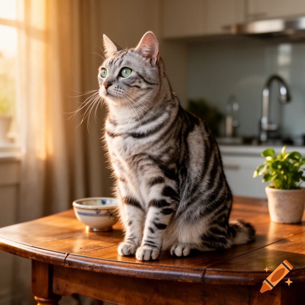 A photorealistic tabby cat with green eyes sits on a wooden table, illuminated by warm sunlight from a window, in a kitchen setting.