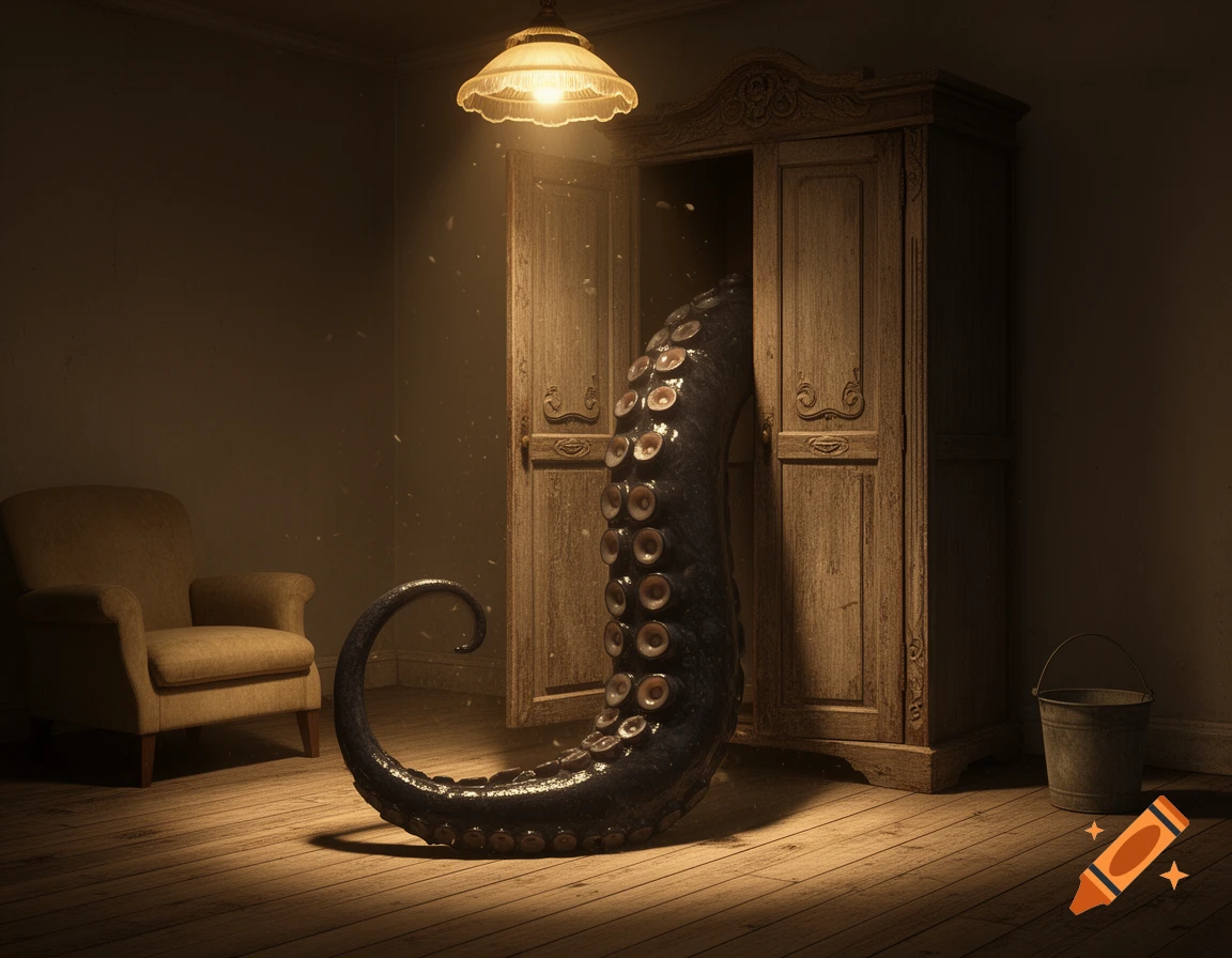 A large, dark tentacle with suckers emerges from an open wooden wardrobe in a dimly lit room with an armchair and bucket.