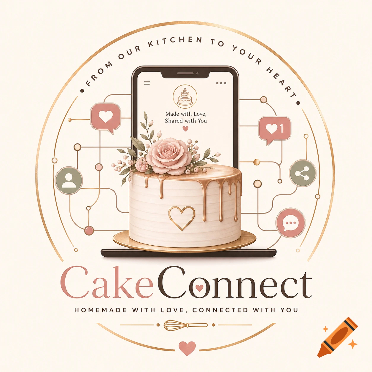 A cream and gold logo features a cake, a smartphone with social media icons, and text 'CakeConnect' and 'HOMEMADE WITH LOVE, CONNECTED WITH YOU'.