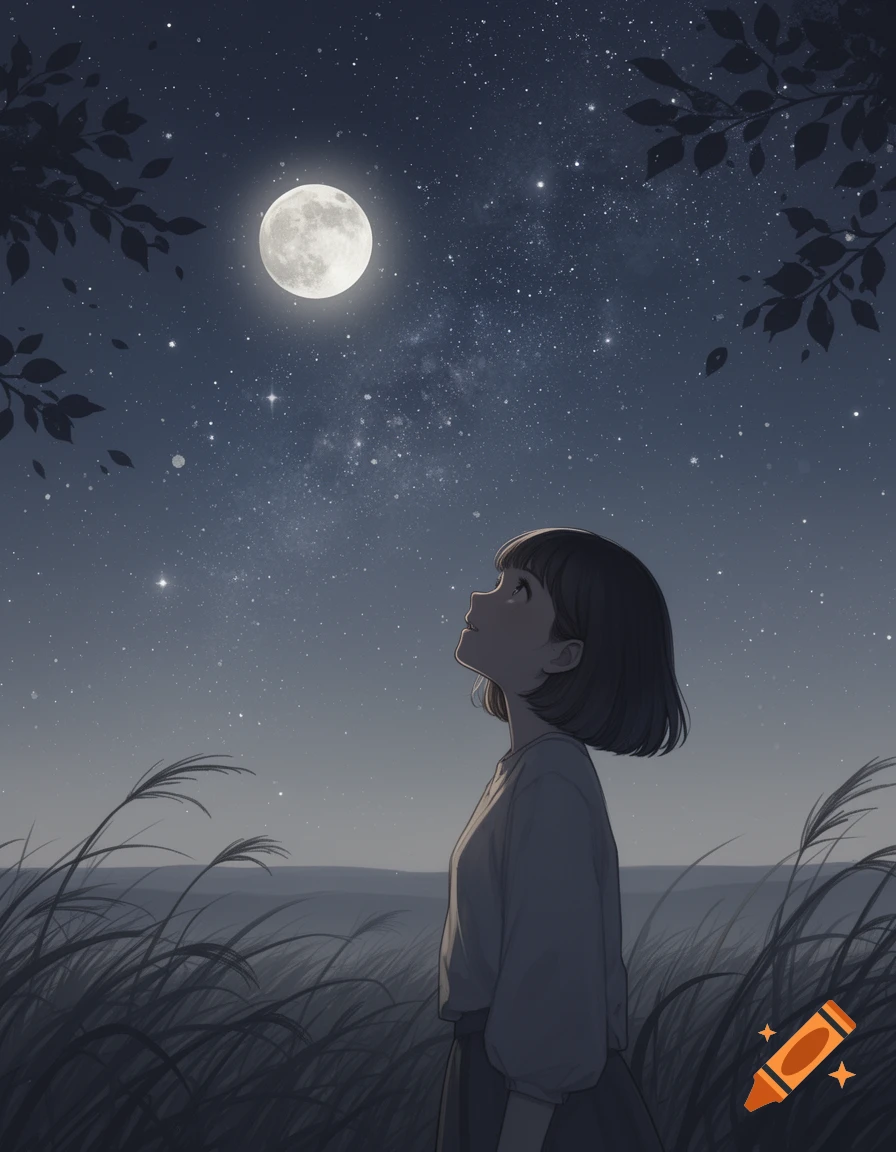 Anime girl with bob hair looks up at a bright full moon and starry night sky in a field of tall grass.
