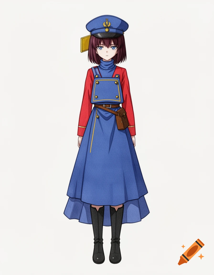 An anime girl with dark burgundy hair and piercing blue eyes, wearing a blue train conductor uniform with a red shirt, long blue skirt, and black boots.