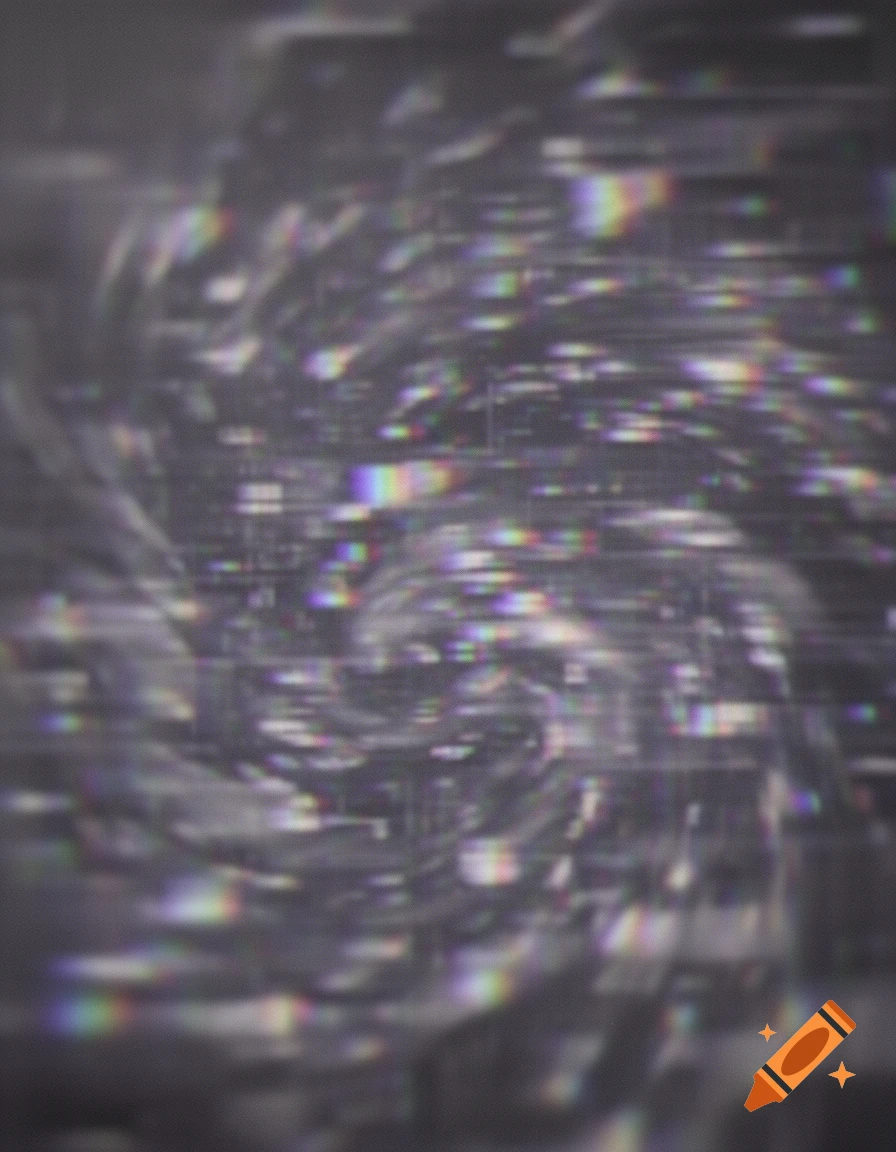 A chaotic swirl of monochrome TV static with colorful glitch artifacts