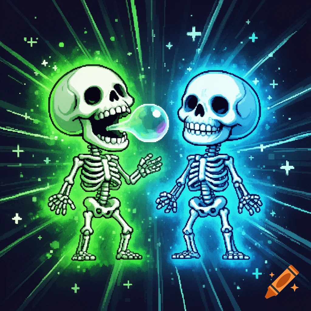 Two pixel art skeletons with colorful auras on a dark, star-filled background. One green skeleton blows a bubble, while a blue skeleton stands next to it.
