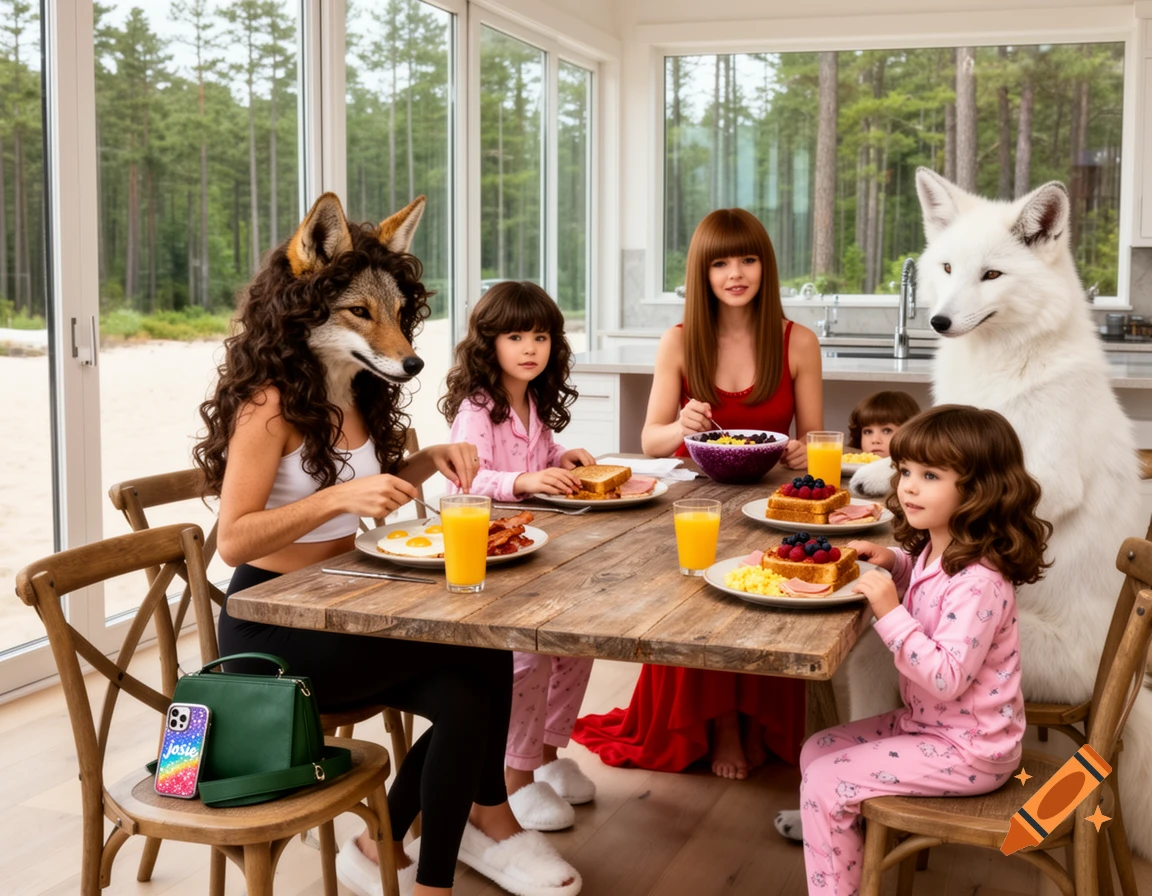 An anthropomorphic coyote woman and a human woman with two human children and a white arctic fox sit around a table eating breakfast in a bright kitchen with large windows overlooking a forest.
