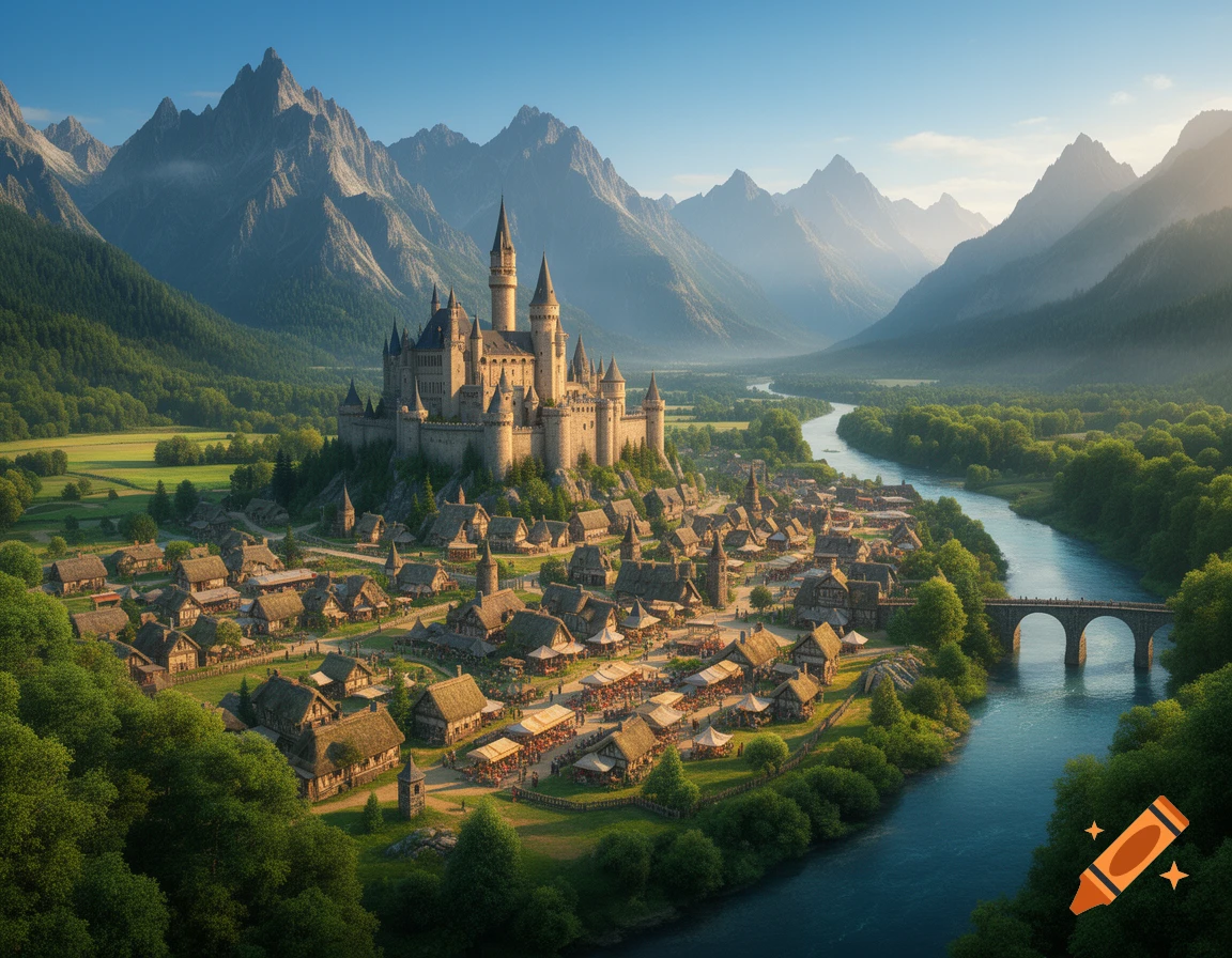 Aerial view of a grand medieval castle and village nestled in a lush ...