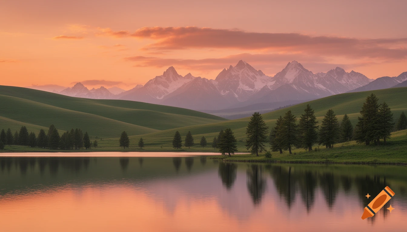 A serene landscape at sunset with rolling green hills, a calm lake reflecting the orange sky, and snow-capped mountains in the distance.