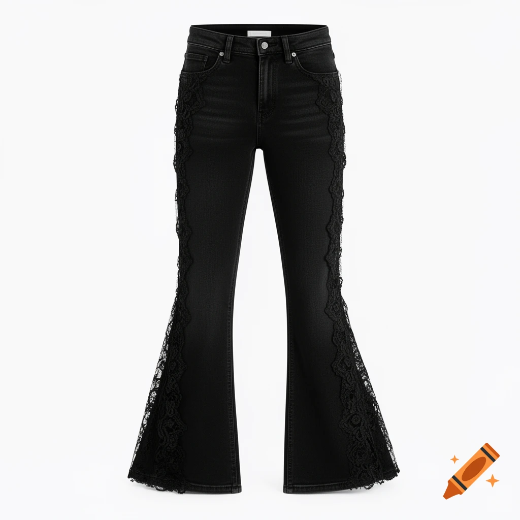 Black flared jeans with intricate lace detailing along the outer seams, displayed on a clean white background.