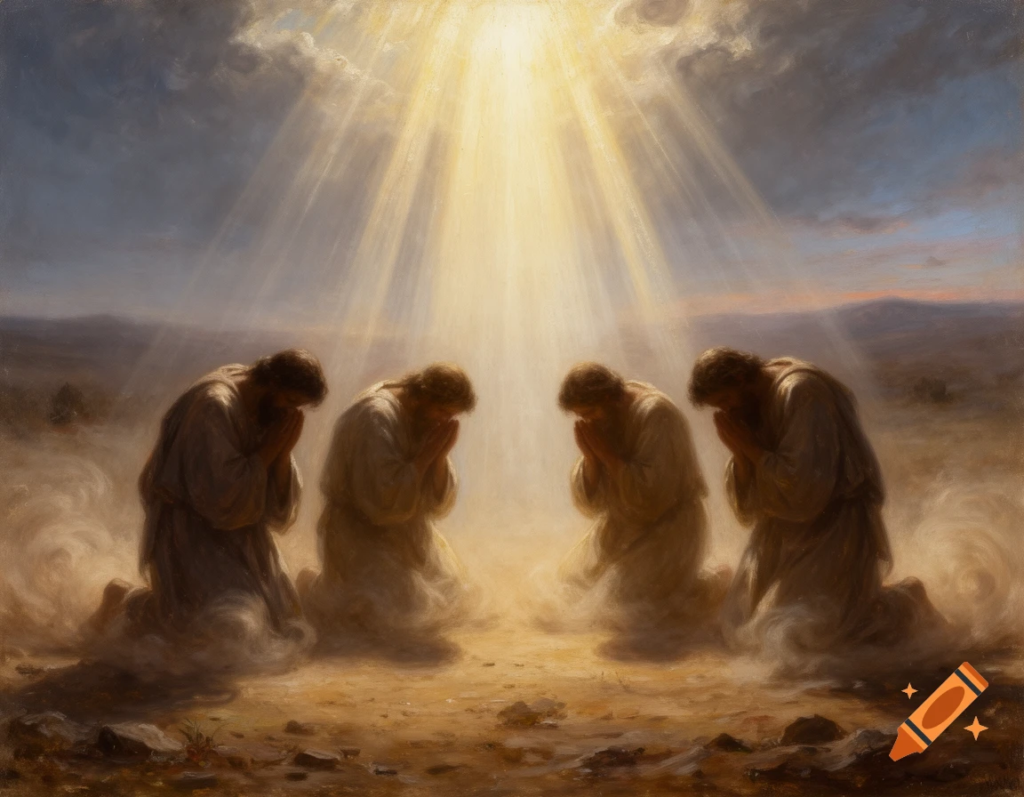 A painted scene of four figures kneeling on a dusty ground under rays of divine light from above.