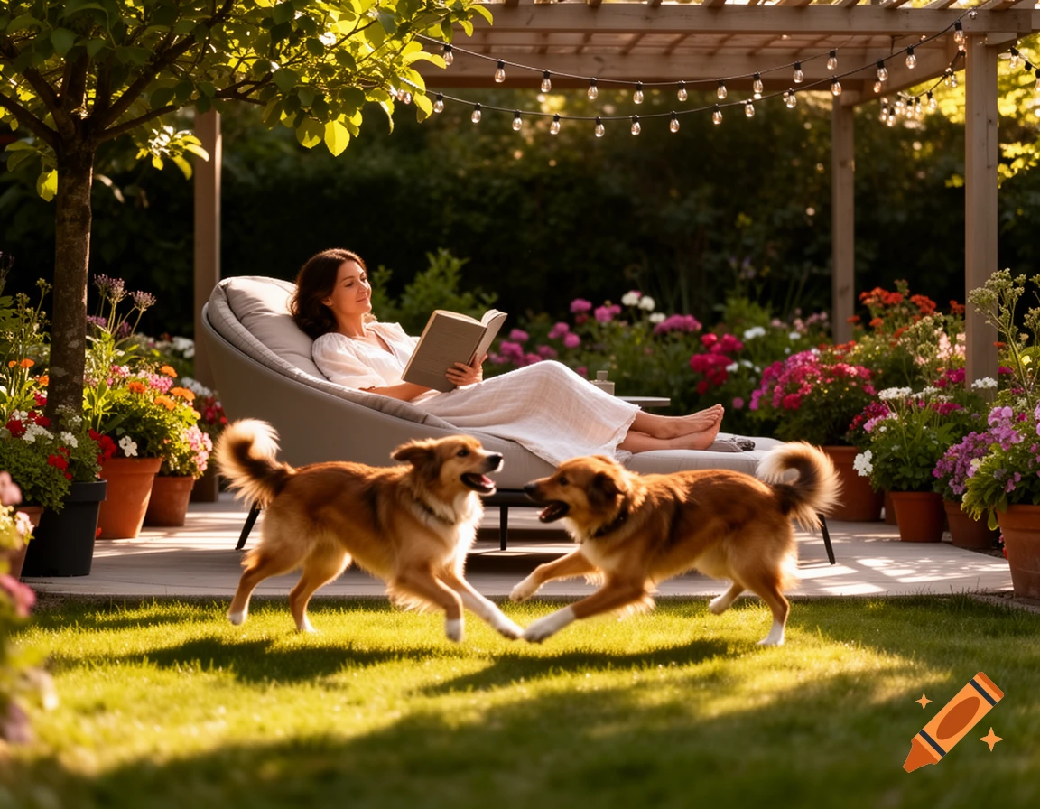 A woman relaxes on a lounge chair, reading a book, as two brown dogs play on the sunny lawn of a lush patio garden.