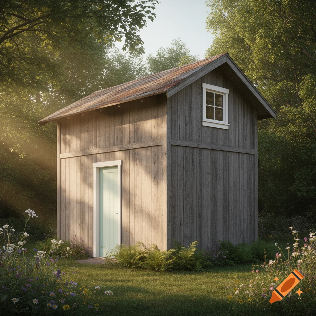 Photorealistic image of a rustic wooden shed with a light green door and a window in a sunlit forest.
