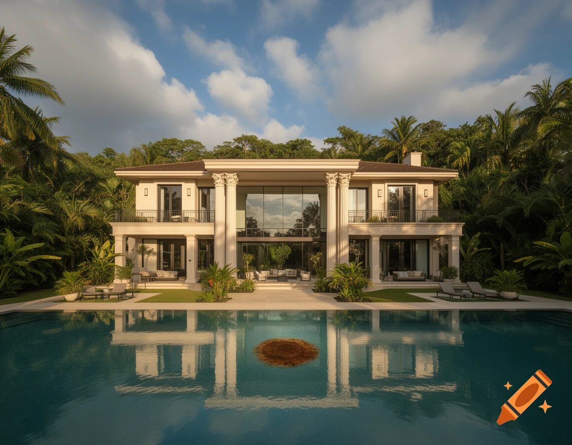 Photorealistic image of a grand, modern villa with classical columns reflecting in a large swimming pool, surrounded by tropical foliage. A brown object floats in the pool.