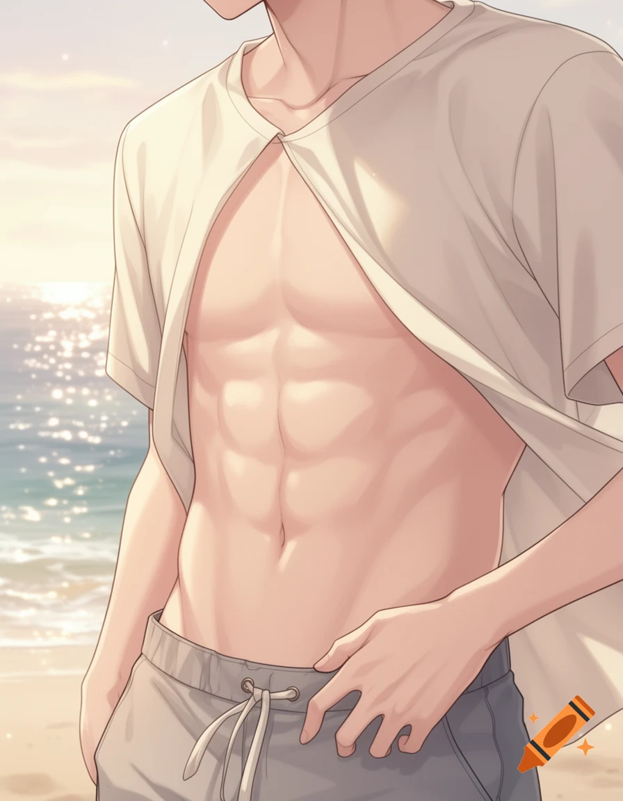 Anime boy standing on a beach, wearing an open white shirt that reveals his toned abs.