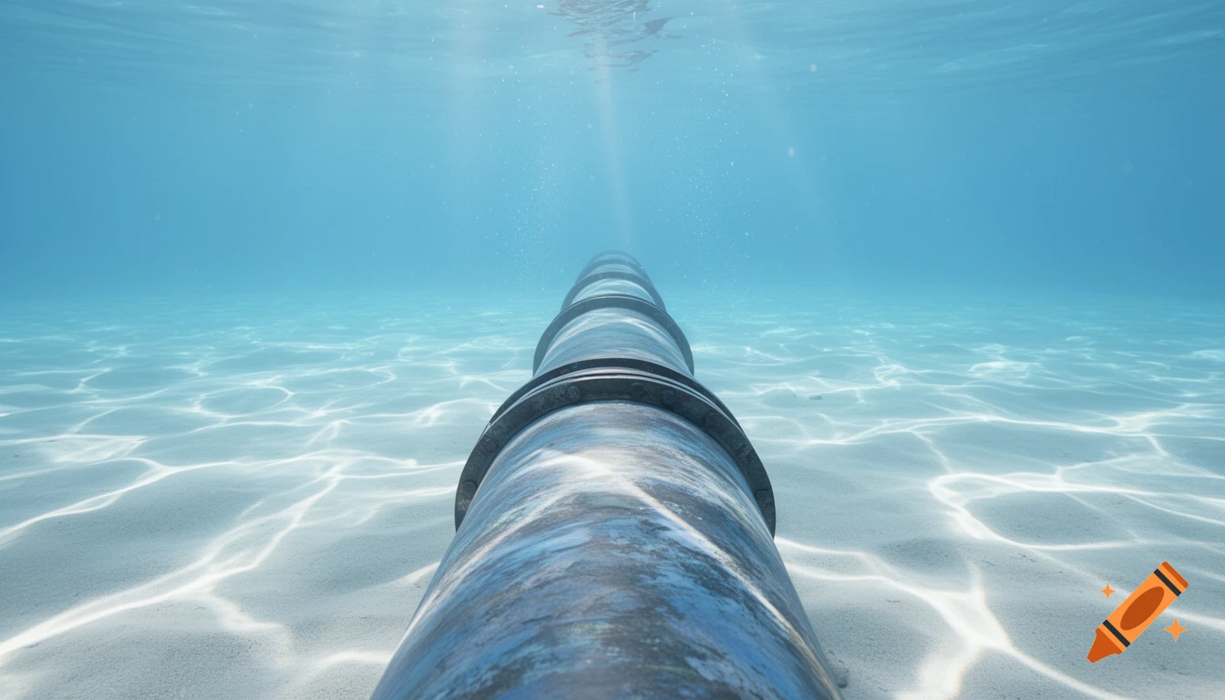 A photorealistic underwater view of a thick pipeline lying on bright ocean sand, with sun rays piercing the clear blue water.