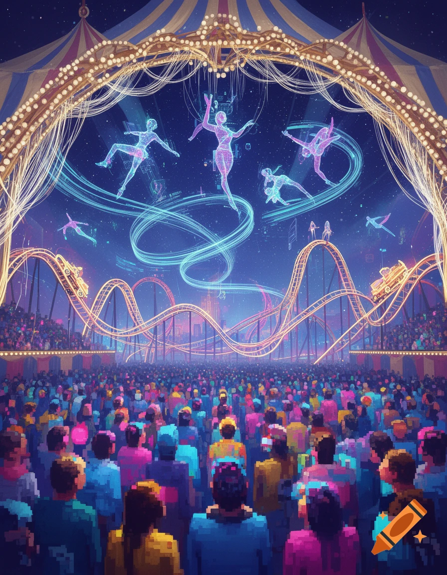 Vibrant digital art of a large, pixelated crowd watching holographic performers in a futuristic circus tent with glowing rollercoasters.