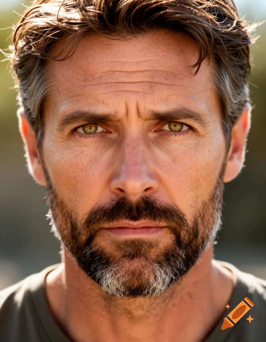 Close-up photorealistic portrait of a man with brown and gray hair, a beard, and hazel eyes.
