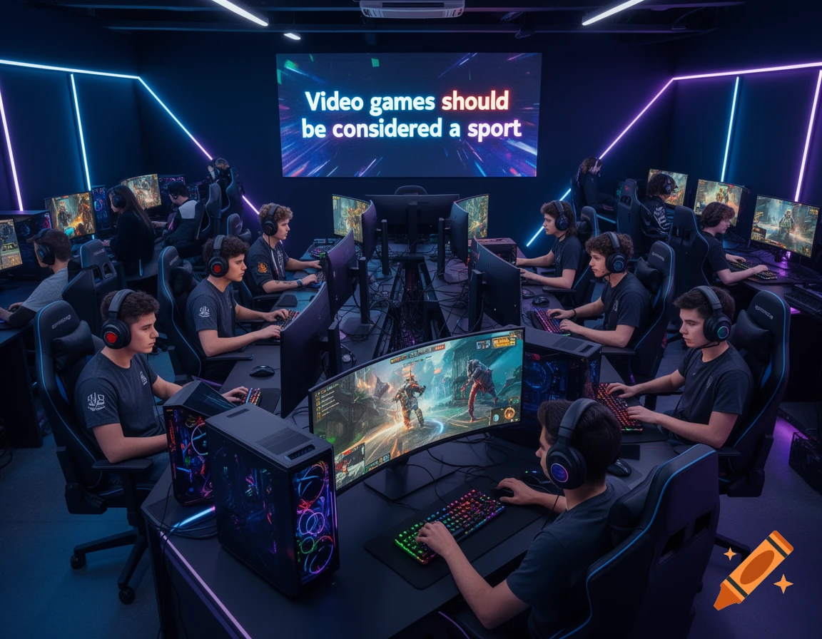Young men play video games in a modern esports arena with neon lights and a screen displaying 'Video games should be considered a sport'.