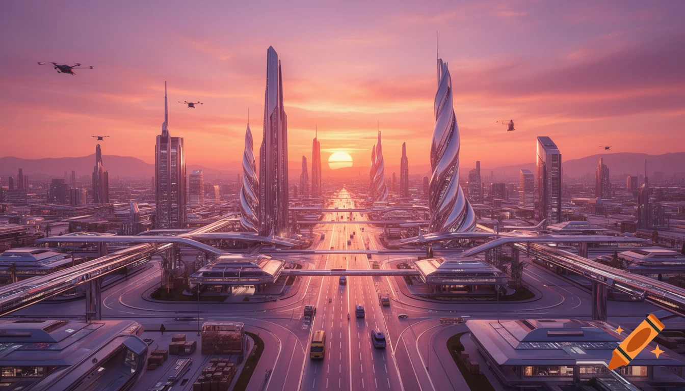 Vibrant futuristic cityscape at sunset with towering, sleek buildings, elevated highways, and flying drones under a pink and orange sky.