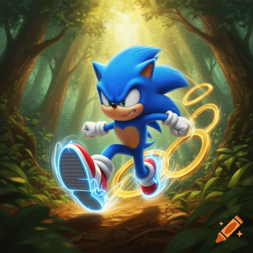 Sonic the Hedgehog runs rapidly through a sunlit forest path, surrounded by golden rings and a blue electric aura.