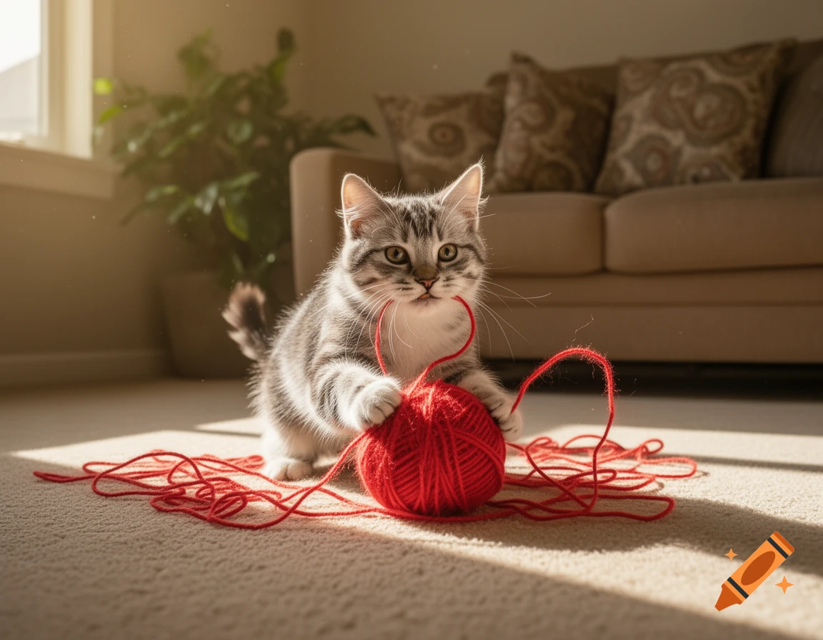 A cute striped kitten plays with a ball of red yarn on a carpeted floor in a sunlit room.