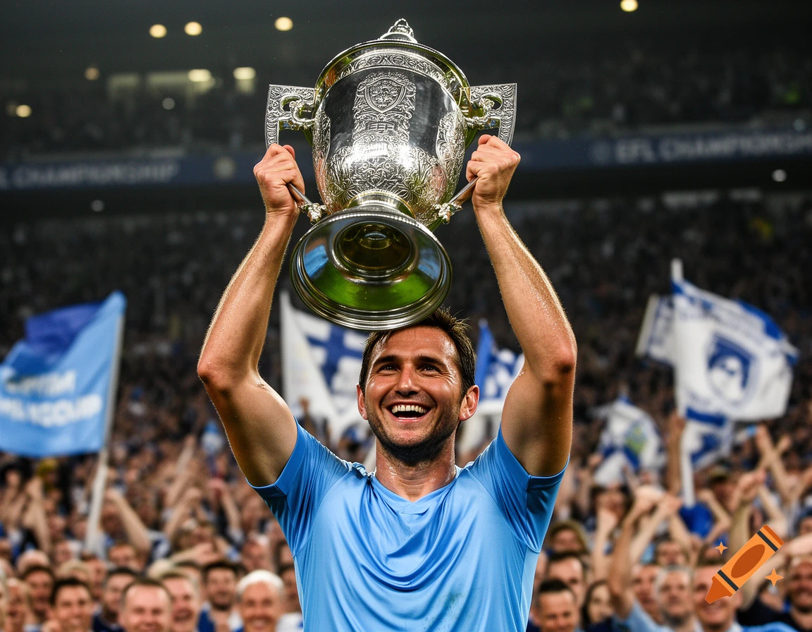 Frank Lampard lifts the EFL Championship trophy overhead in a packed stadium, smiling widely in his sky blue shirt. Photorealistic.