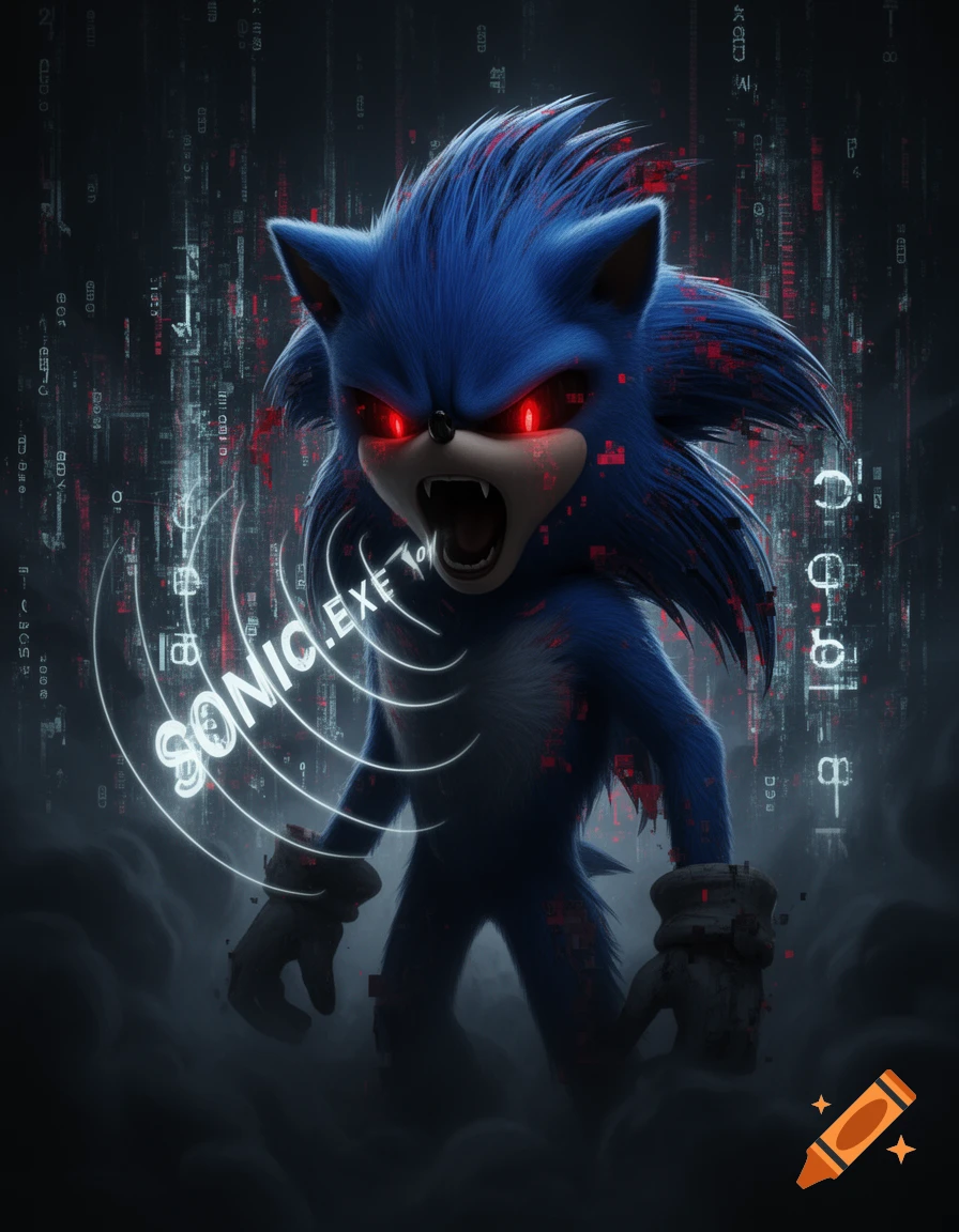 A monstrous, red-eyed Sonic.exe with fangs screams, surrounded by glitchy red data and white 'SONIC.EXE' text.