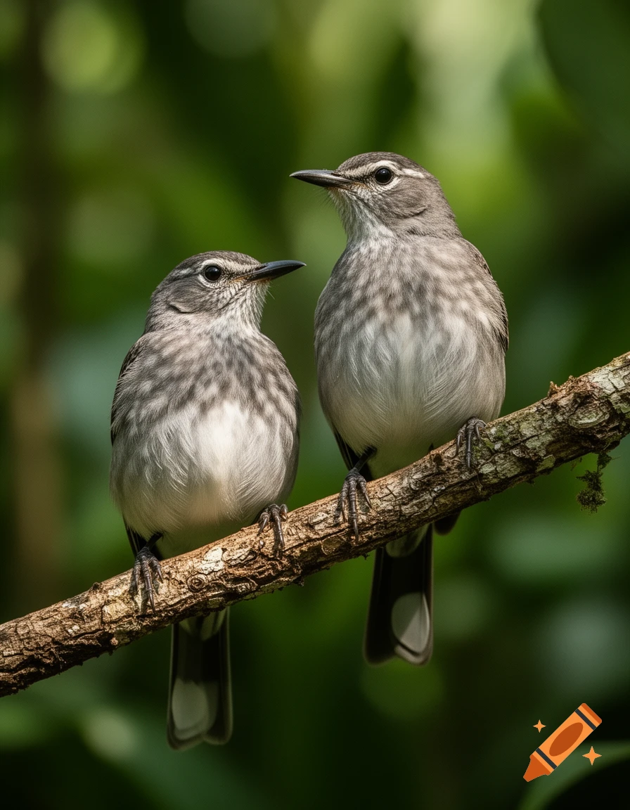 Two grey and white striped birds perch closely on a branch against a blurred green background, photorealistic.