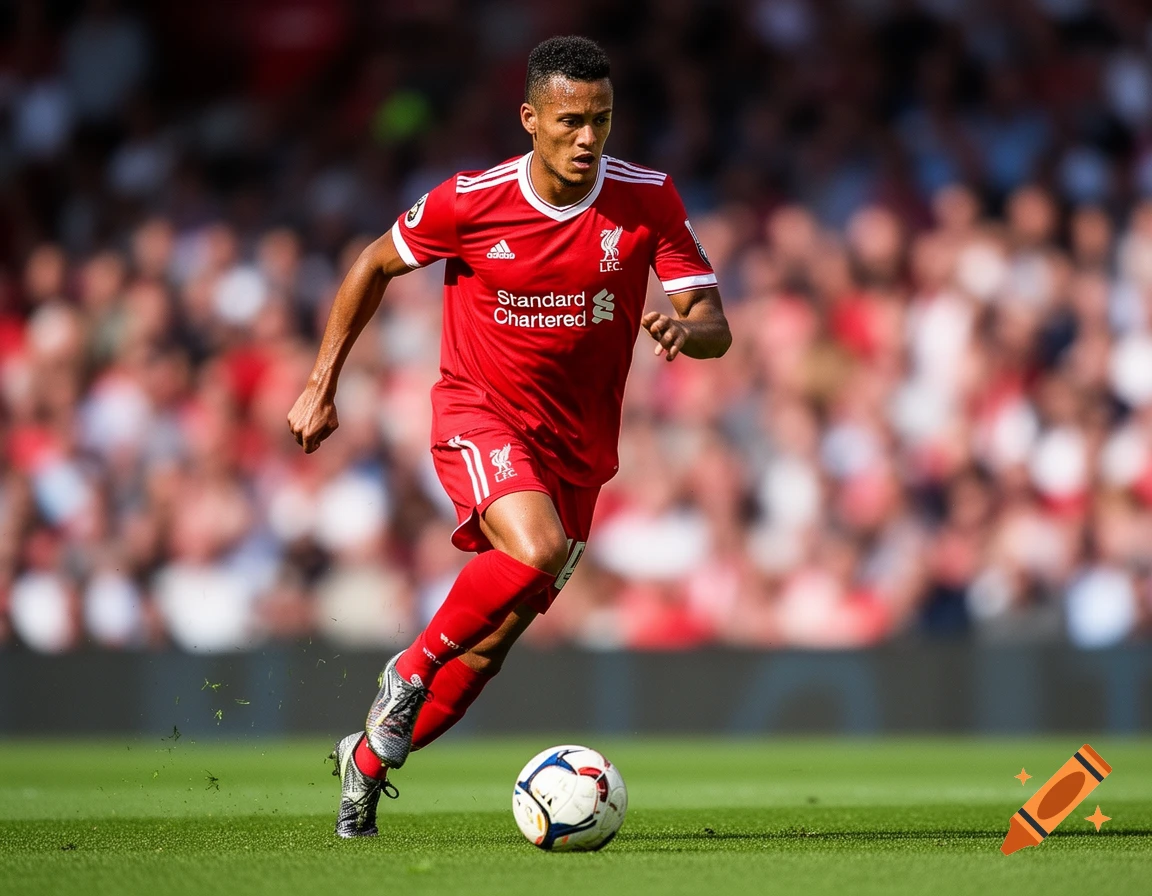 A male soccer player in a red jersey dribbles a ball on a green field during a sunny match.