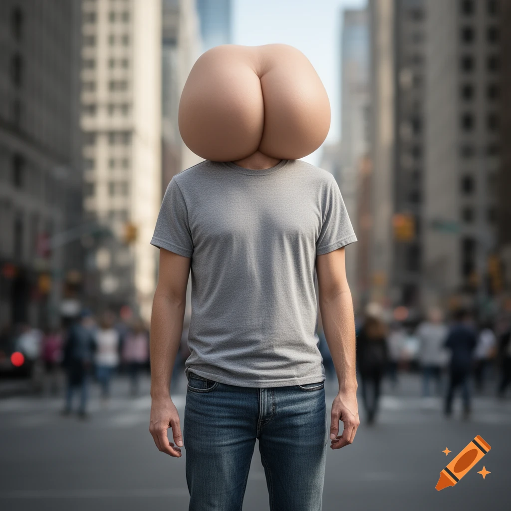 A photorealistic image of a person standing on a city street with buttocks instead of a head.