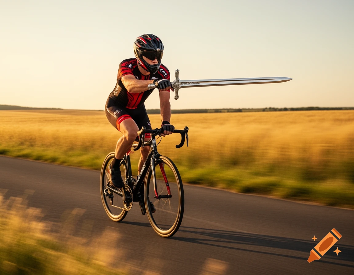 A cyclist in red and black gear rides on a road with a field in the background, holding a long sword out like a jouster.