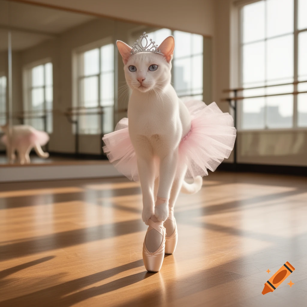 A white cat wearing a silver tiara, pink tutu, and pointe shoes stands on a wooden floor in a ballet studio.