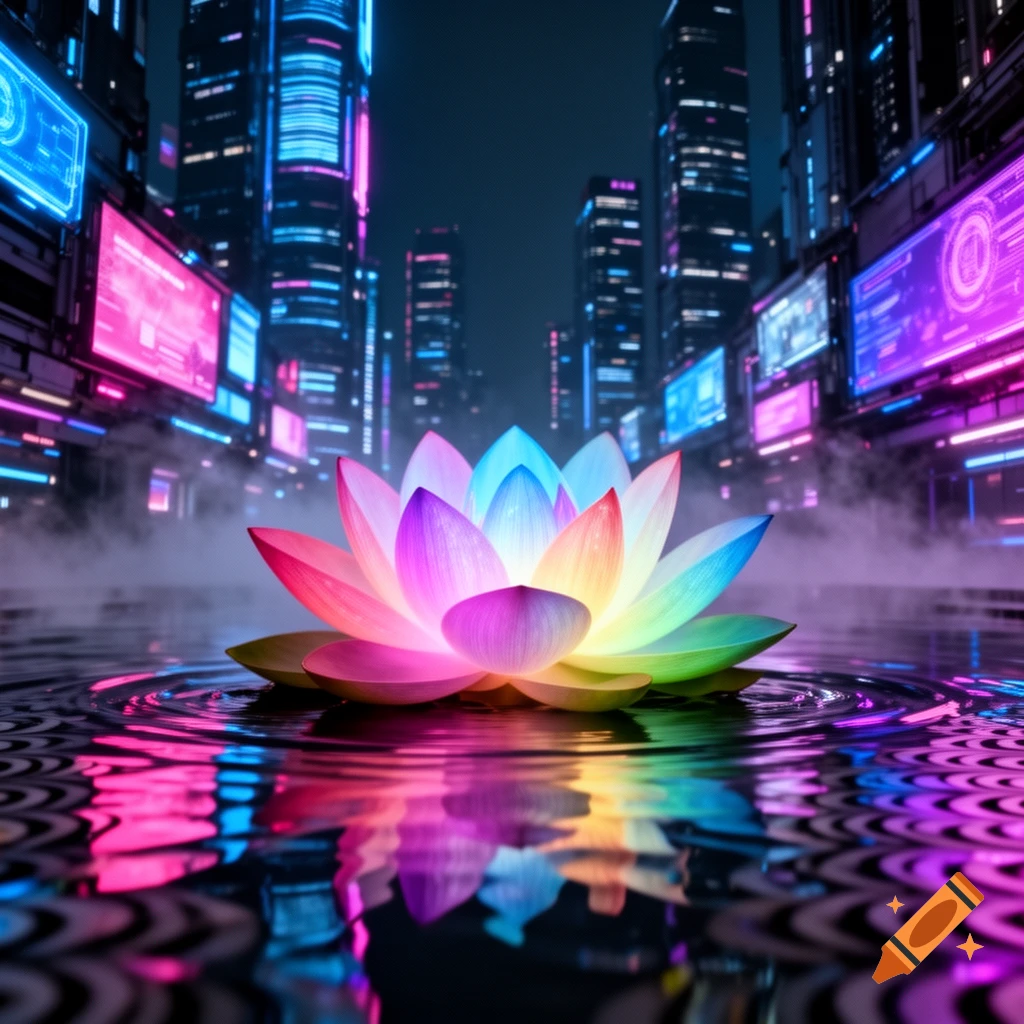 A vibrant, rainbow-colored lotus flower floats on rippling water, reflecting neon lights from a towering cyberpunk city at night.