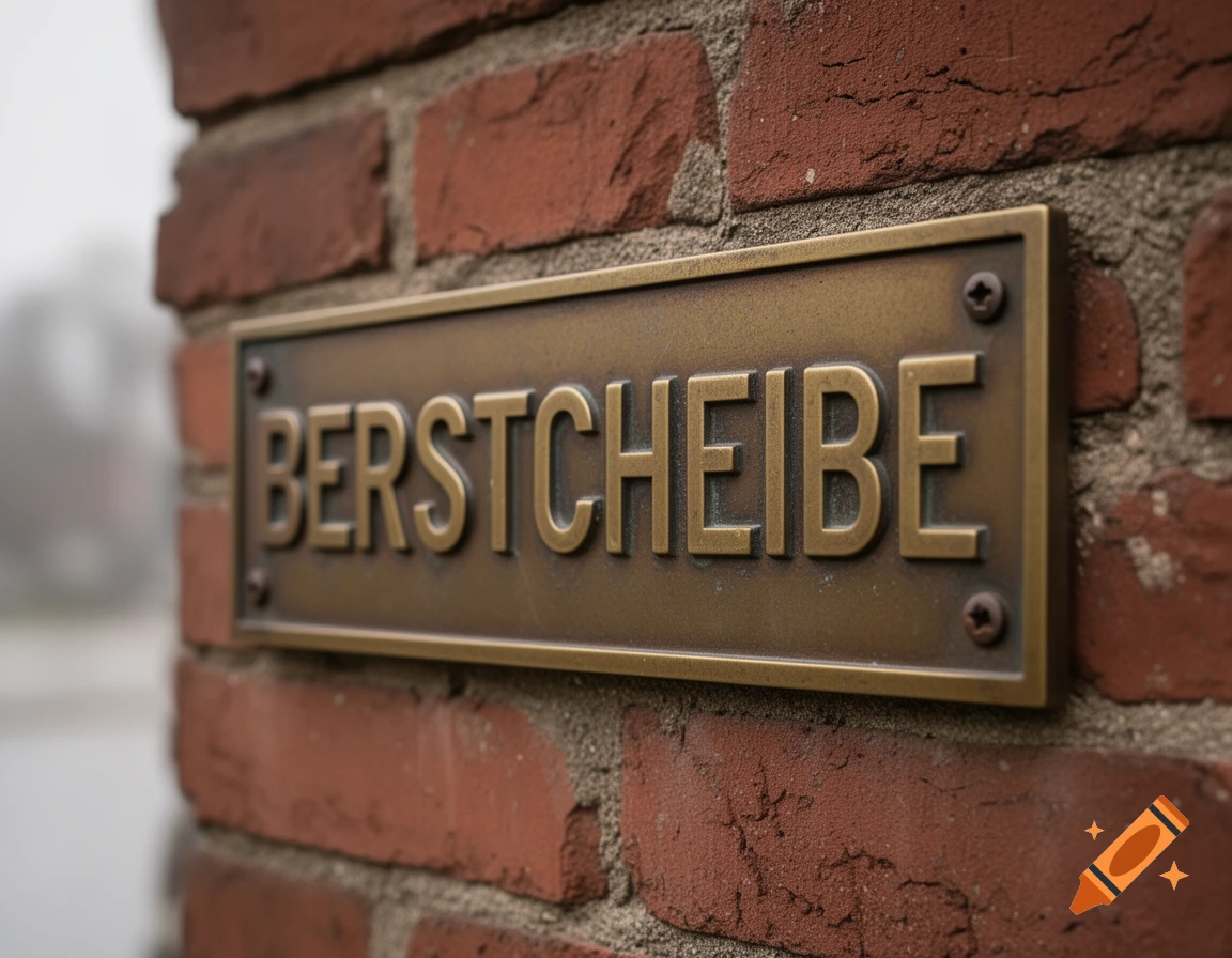 Close-up of a brass plaque with 'BERSTCHEIBE' embossed on a red brick wall.