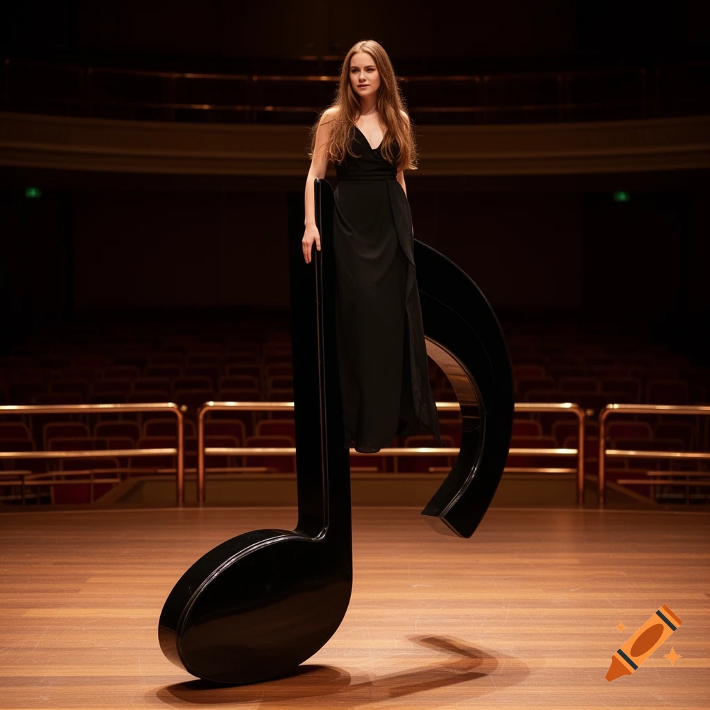 A woman in a black dress stands on a giant black musical note on a stage in an empty concert hall.